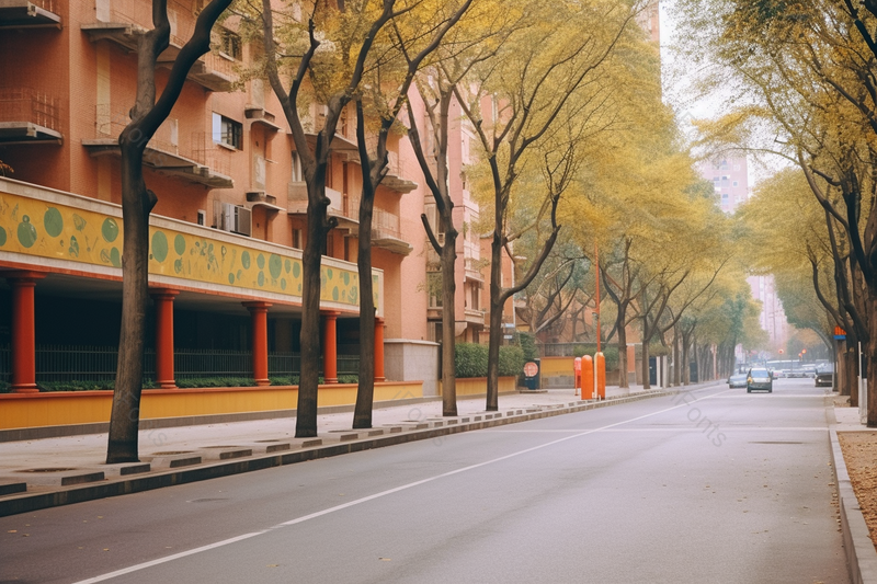 秋天宽敞的马路路边黄色叶子的树街边公路,高清,摄影图,摄影图片,图片大全,摄影图免费下载